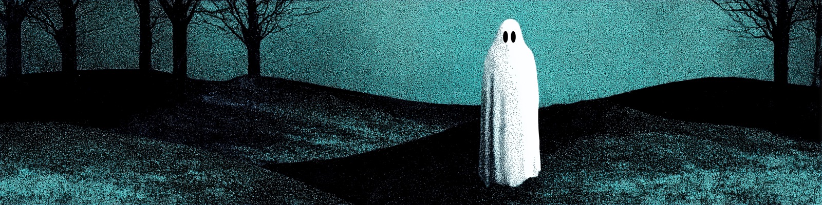 A lone ghost in a moonlit graveyard